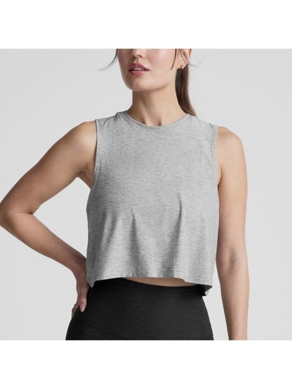 Beyond Yoga Gray Featherweight Minimal Cropped Tank Waffle Knit Women’s Sz Large